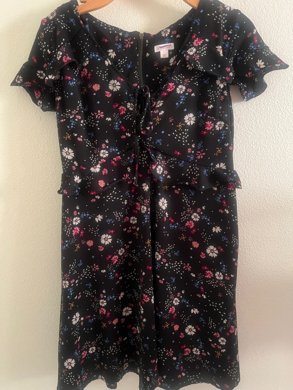 Floral Tie-Front Midi Dress - Black with Pink & White Floral